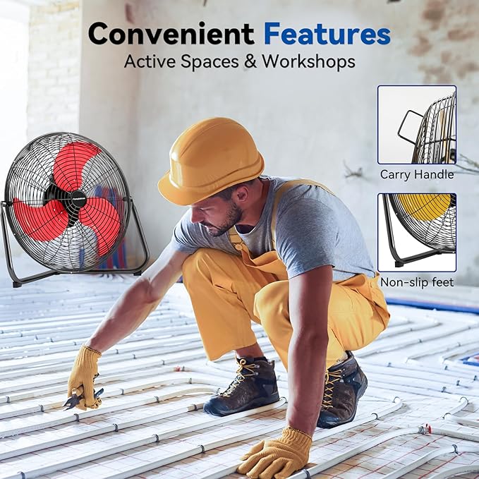 20" High Velocity Floor Fan, 5300 CFM Heavy Duty Industrial Floor Fan, 3 Speed, 360 Degree Tilt, Quiet Operation for Warehouse, Basement, Factory, Barn, Garage - UL Safety Listed