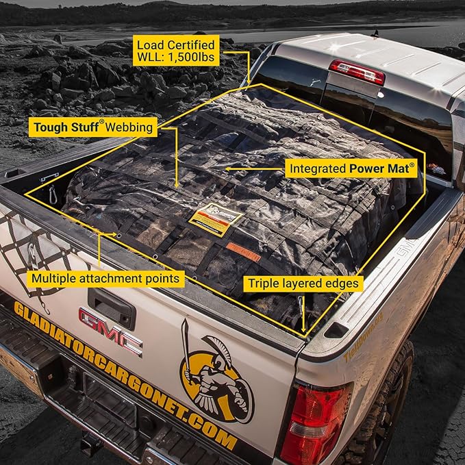 GLADIATOR CARGO NETS - Heavy Duty Cargo Net-(WLL): 1,500 lbs - TruckAccessory - Cargo Carrier - Truck Organizer -Truck Bed Cover-Trailer-Pickup-Boat-Jeep-SUV-5ft Bed (SGN-100) 4.75' x 6' ft.
