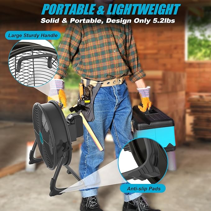 12" Battery Operated Floor Fan Compatible with Makita18V Battery, Portable Fan with AC Adapter and USB Output, Metal Industrial High Velocity, Stepless Speed Cordless Fan for Jobsite Garage Camping