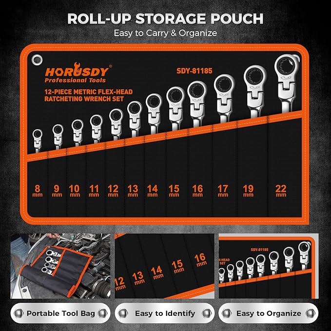 HORUSDY 12-Piece Metric Flex-Head Ratcheting Wrench Set 8-22mm, CR-V Ratchet Combination Wrenches with 72T 180° Flex Head, Magnetic Holder & Tool Bag for Auto, Motorcycle, Home & Repair