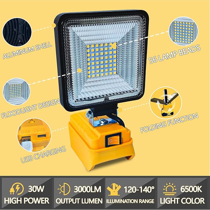 Portable Cordless LED Work Light for Dewalt 20/18v Battery, 30W 3000Lumens Flood Lights Outdoor for Dewalt 20V Battery, Underhood Work Light with Two USB Charging Port for Emergency, Workshop, Garage