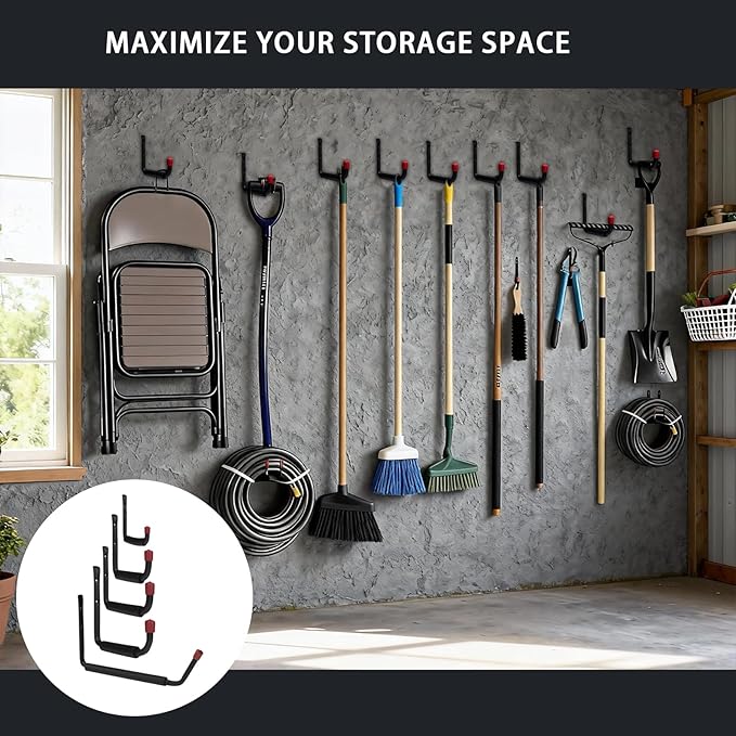 6 Pack Garage Hooks Heavy Duty with EVA Pads and Rubber End Caps, 8.07inch Steel Kayak Storage Hooks for Hanging Bikes, Ladders, Folding Chairs and Garden Tools