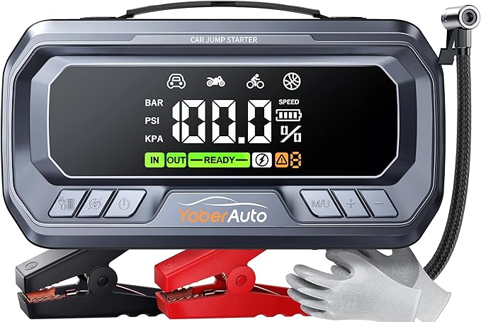 YaberAuto 12-in-1 Jump Starter with Air Compressor 8000A 160PSI 65W Charging, Portable Car Battery Jump Starter (All Gas/14L Diesel) Jump Box Car Battery Jumper Starter Portable Jumper Cables, 160W DC