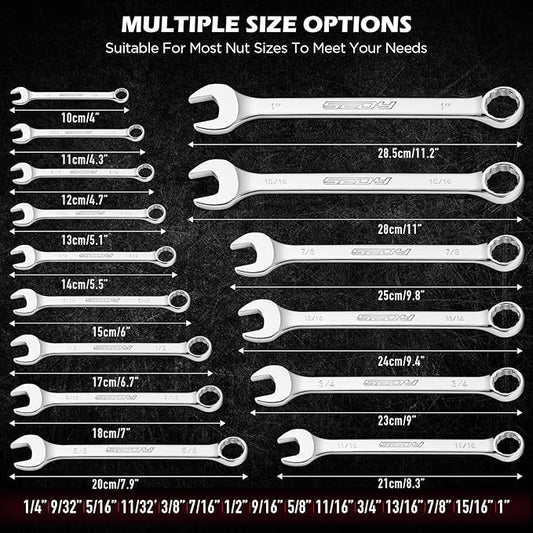 15-Piece SAE Combination Wrench Set, 1/4''–1'' 12-Point Open End and Box End Wrench Kit with Organizer, Chrome Vanadium Steel Tools for Mechanics, Garages and Workshops