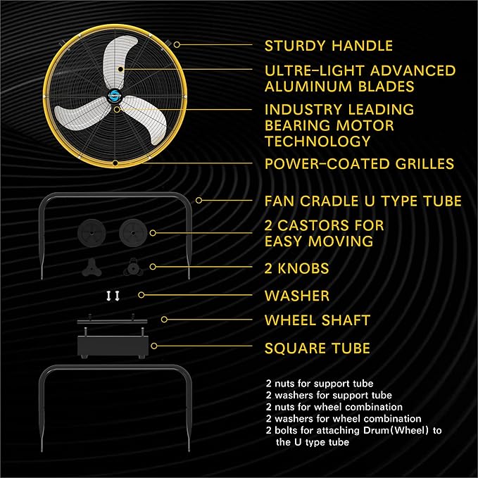 Tornado 24" Metal Drum Fan - High Velocity, 7700 CFM, 3-Speed, Heavy Duty for Industrial & Commercial Use, 1/3 HP Motor, 8 FT Cord, ETL Listed