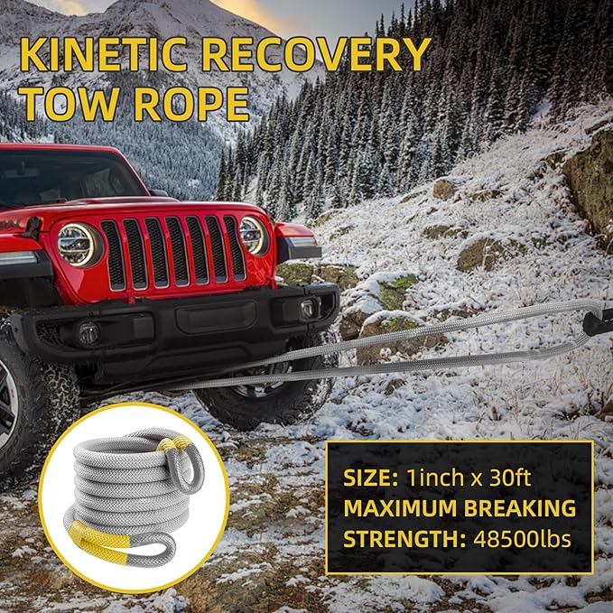1" x 30' Kinetic Recovery Tow Rope (48,500lbs) with 2 Soft Shackles (56,000 lbs), Heavy Duty Offroad Towing Straps Kit for SUV UTV ATV Truck Jeep Off-Road Vehicle Recovery