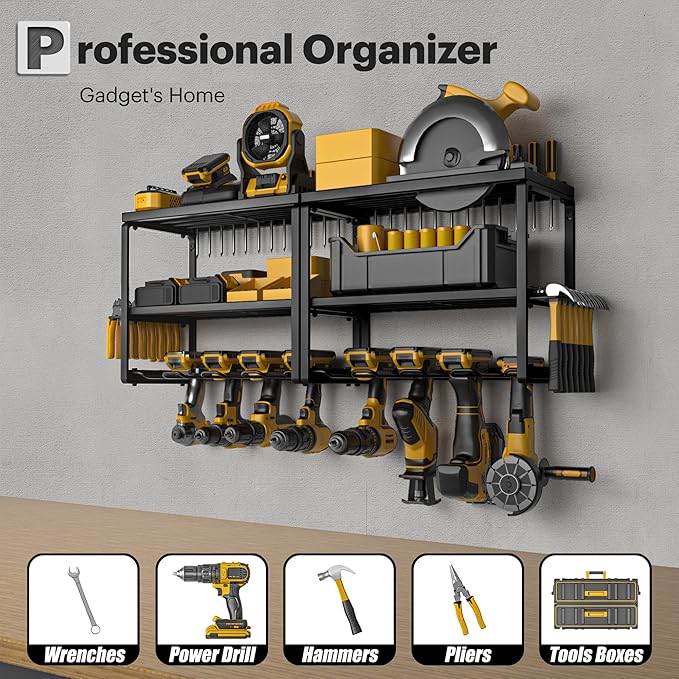 Spampur Power Tool Organizer, 15 Min Fast Assembly, 8 Slots 3 Layer Heavy Duty Metal & Max 150lb load Cordless Power Dill Holder in Garage/Workshop/Pegboard/Shed Suitable for giving for Father's Day