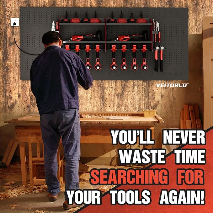 Power Tool Organizer with Charging Station, Heavy Duty Modular Wall Mount Rack for Garage & Shed Organization, 4 Drill Holders, Fathers Day Anniversary Birthday Gifts for Men Dad Him Husband(Red)