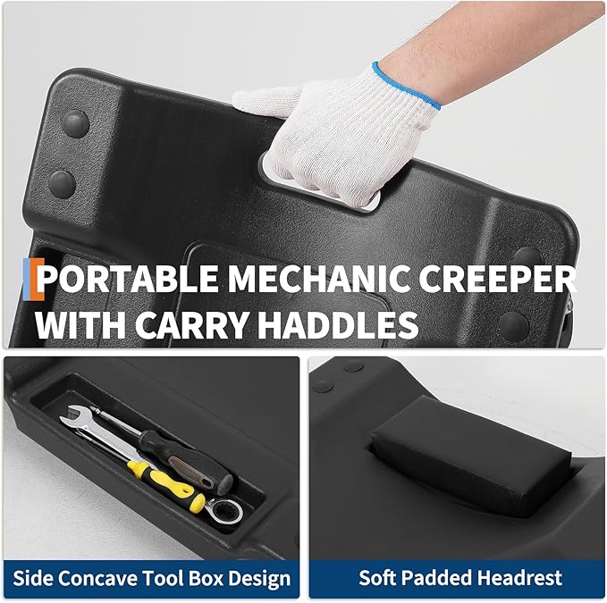 Garvee 40" Plastic Rolling Automotive Garage/Shop Creeper,350 Lbs Blow Molded Ergonomic HDPE Body Low Profile Mechanic Creeper with Padded Headrest, Dual Tool Trays and 6 Casters