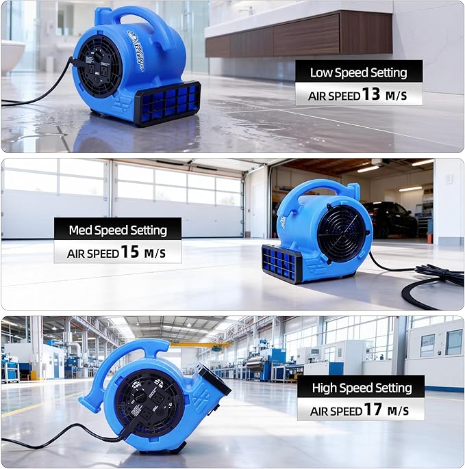 BEYOND BREEZE 1/4 HP 1000 CFM Air Mover Blower Fan, Heavy-Duty Floor Blower with 3 Speeds & 4 Adjustable Angles, Built-in Dual AC Outlets, Carpet Drying, Workshop Ventilation, Commercial Use