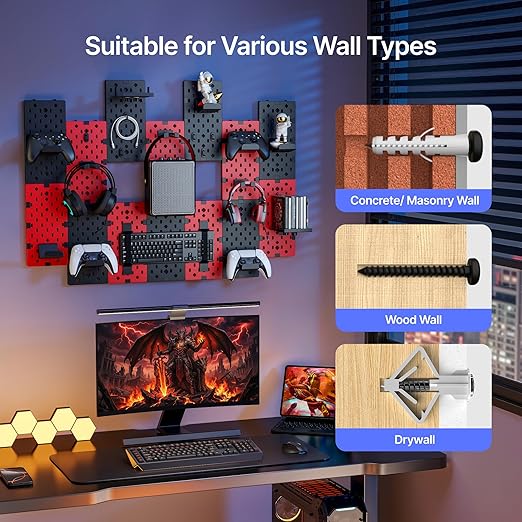PEGZONE 14 PCS Controller and Headphone Holder Wall Mount, Modular Gaming Pegboard with Accessories, Video Game Storage, Disc Shelf, 14pcs Pegboard, Black & Red
