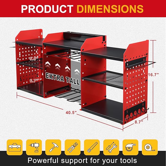 3 layers power tool organizer Loads 150lbs with 6 Cordless Drill Holder and 6 Outlet Power Strip,it’s good choice for husband birthday gift,red