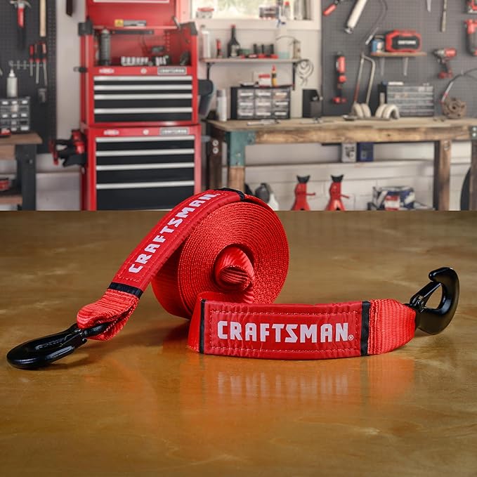 Craftsman CMXAZBS2002 Black/Red 2” x 20’ Recovery Tow Strap with Coated Steel Hook Clip Ends - 3,000 lb Safe Wortking Load / 9,000 lb Break Strength