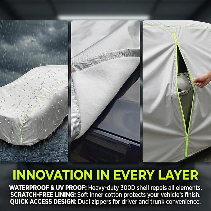 J&J Heavy Duty Car Cover,300D&Soft Lining,Driver&Trunk Zipper,Car Cover Waterproof All Weather,Sun UV Rain Snow Sand Protect Vehicle Painting,Car Covers for Automobiles, Outdoor (Sedan, Silver-C3)
