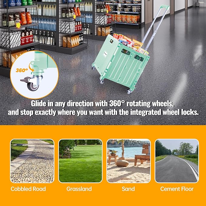 Folding Utility Cart Portable Rolling Crate Handcart Shopping Trolley Collapsible Tool Box, with Lid, Basket on 4 Rotate Wheels, for Grocery, Garden, Office, Storage, Teacher, Tool (Green)