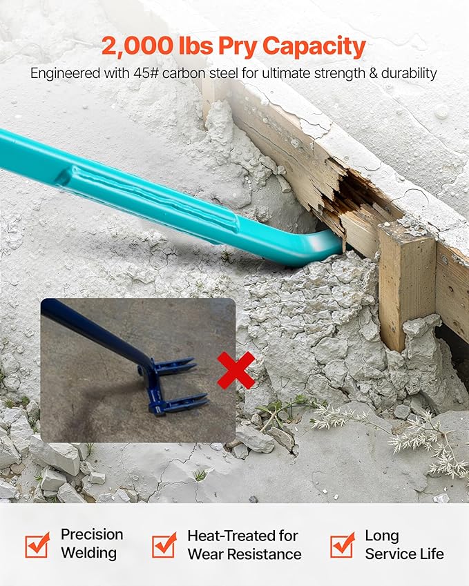VEVOR Open Angle Monster Pry Bar, 52.5 Inch Carbon Steel Handle, 2000lbs Prying Capacity, Pry Lever Bar, Crowbar for Concrete, Demolition, Crowbaring, Ideal for Construction & Industrial Use