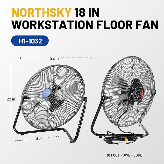 NORTHSKY 18" Floor Fan, 3200 CFM Industrial Fan, 3 Speeds, Durable Steel Safety Grille, 1/8 HP, 360° Head Hit, for Manufacture, Construction, Warehousing with UL-Certified Safety Compliance
