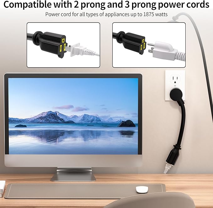 Vockjour 1 FT 3 Pack Black Short Low Profile Flat Plug 14 Gauge Heavy Duty Extension Cord, 14AWG 3-Wire Grounded Appliance Extension Cord, 15A/125V/1875W SJTW ETL Listed Power Cord