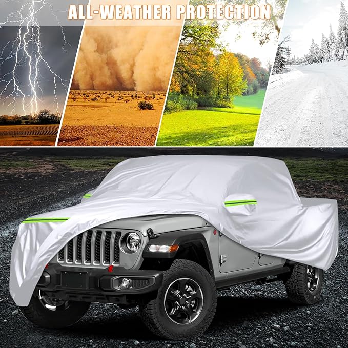 Waterproof Car Covers Replace for 2019-2025 Jeep Gladiator, 6 Layers Silver All Weather Custom-fit Car Cover with Zipper Door & Windproof Bands for Snow Rain Dust Hail Protection