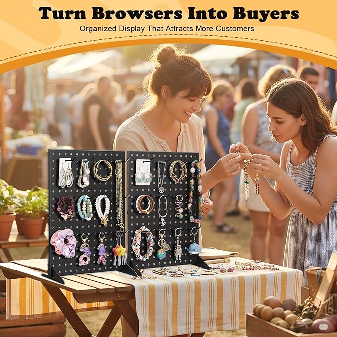 4 Pack Peg Board Display Stand for Vendors with 48 Hooks Metal Tabletop Pegboard Display Stand for Craft Shows 17" X 13" Retail Display Racks For Jewelry Earring Keychain PegBoard Organizer Black
