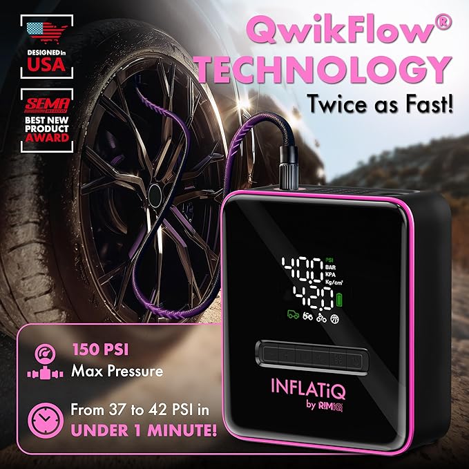 INFLATiQ by RIMiQ Tire Inflator Pink - Powerful, Award-Winning QWIKFLOW Technology with 2 Portable Power Options Included - Strong Vehicle Air Pump for Trucks, Cars, Motorcycles, Bicycles, Balls