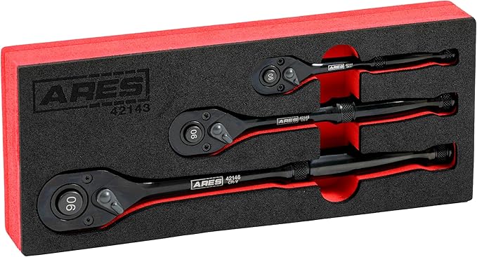 ARES 42143-3-Piece 90 Tooth Ratchet Set - Chrome Vanadium Steel, Black Oxide Finish - Quick Release for Easy Socket Change - Reversible Design - 4 Degree Swing – Automotive Ratchet Set