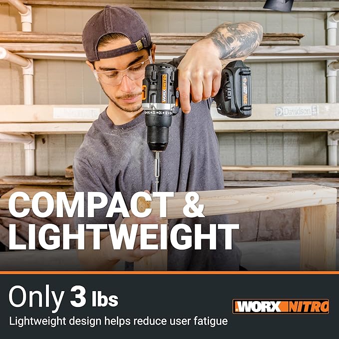Worx WX102L Nitro Cordless Drill/Driver, Battery Included, 20 V, 2 Ah, 1/2 in Chuck, Ratcheting Chuck