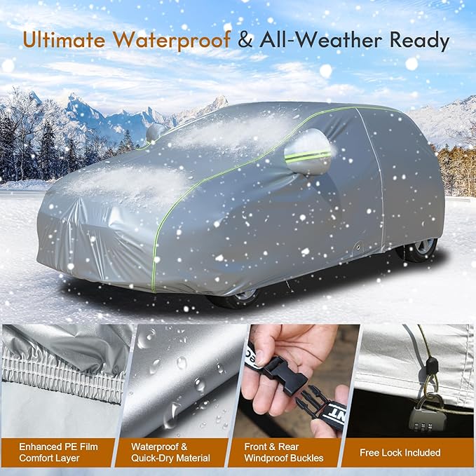 Tecoom Light Shell Car Cover Waterproof All Weather, Breathable Material with Door Zipper & Mirror Pockets, Rain Snow Sun Wind Protection Outdoor & Indoor Full Covers Fit for Hatchback (160-172")
