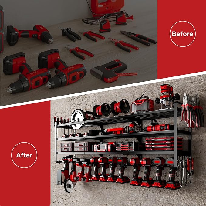 NattyDot 48" Large Power Tools Organizer Wall Mount,12 Drill Holder for Garage, Workshop Heavy Duty Storage Rack
