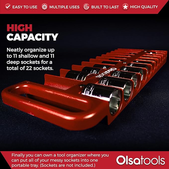 Olsa Tools Magnetic Portable Socket Organizer Tray - 1/2-Inch Drive - Red Holder for Deep & Shallow Sockets - Fits up to 1-3/16" SAE or 30mm Metric - Quality Product for Professionals - Part 1077