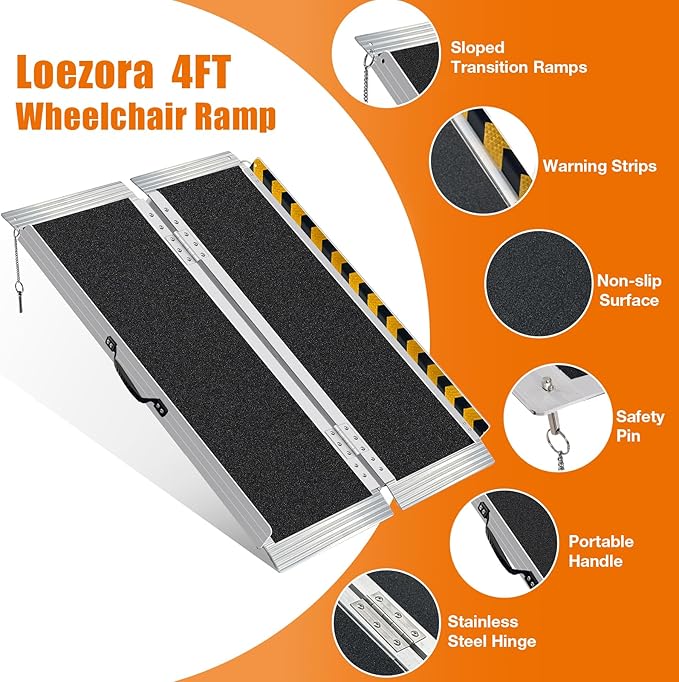 4FT Long Wheelchair Ramp for High Steps & Van Loading - Extra Stable Aluminum Ramp, Creates Gentler Slope for 4 to 12 Inch Height, 800 lbs Capacity
