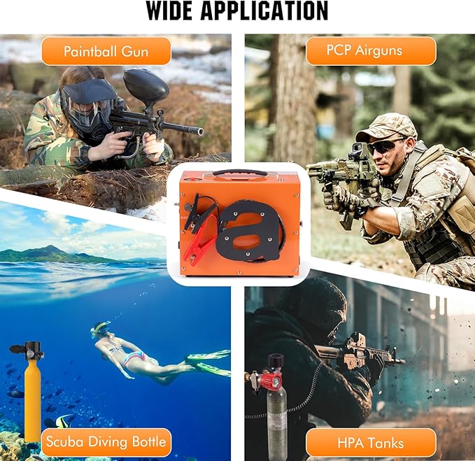 PCP Air Compressor with Atuo Shut-Off, Portable 4500Psi/30Mpa, Water/Oil-Free, One Button Start, Bursting Disc, 12V DC/120V AC PCP Airgun Compressor, Rifle/Pistol and Paintball Tank Air Pump (Orange)