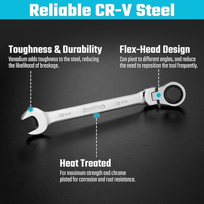 DURATECH 18mm Flex-Head Ratcheting Combination Wrench, Metric, 72-Tooth, CR-V Steel