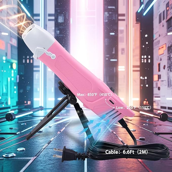 mofa Mini Variable Temp Heat Gun 350W 250℉~850℉(150℃- 450℃) Fast Heating,LCD Digital Display Hot Air Gun Tools with Reflector Nozzle&Tripod Overload Protection for Crafting,Embossing,Drying (Pink)