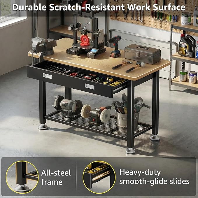39" Heavy Duty Work Bench With Drawer and Storage for Garage, Small Wood Top and Metal Workbench for Crafts 3d Printer Work Table Tool Chest Workbenches Crafting Table Working Station Shop Bench
