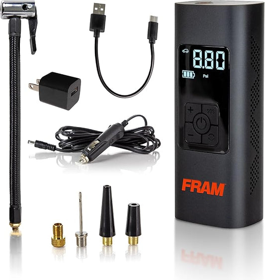 FRAM FEK40002 Portable Emergency Tire Inflator with 6000mAh Battery and 12V, 150PSI Air Pump for Car, Bike, Motor, Ball with Digital Tire Pressure Gauge with LED Light