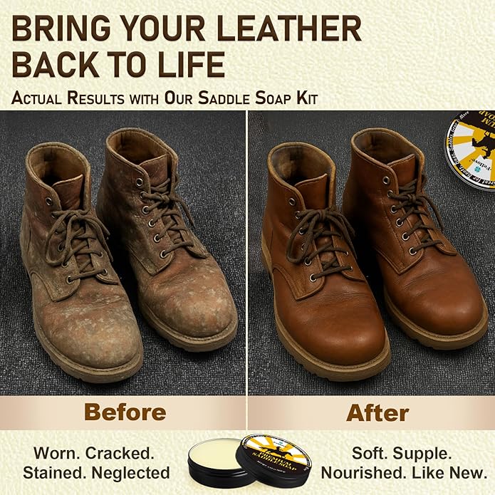 Saddle Soap for Leather – All-Natural 3-in-1 Leather Cleaner & Conditioner Kit with Horsehair Brush & Cloth – For Boots, Bags, Saddles, Car Interiors, Shoes 3.52oz