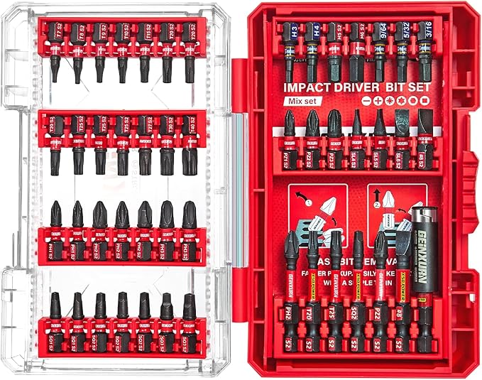 Geinxurn 49Pieces Impact Screwdriver Bits Set, Magnetic S2 Steel Phillips/Slotted/Square/Torx Insert Power Bits Tips, Impact Bit Holder with Red Storage Box Case