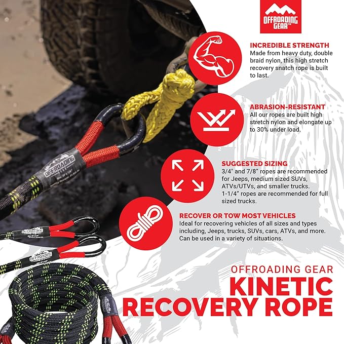 Offroading Gear 4x4 20'x7/8" Kinetic Recovery Rope & Tow Rope Kit| Black (28,600 lbs) | Elastic Snatch Strap | Heavy-Duty Loops | Truck |ATV| UTV| Car| SUV| Etc.