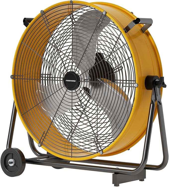 24 Inch Industrial Drum Fan 8800 CFM High Velocity Floor Fan for Garage, Warehouse & Workshop - 3-Speed Heavy Duty Metal Fan with 360° Tilt, Wheels & UL Safety Listed