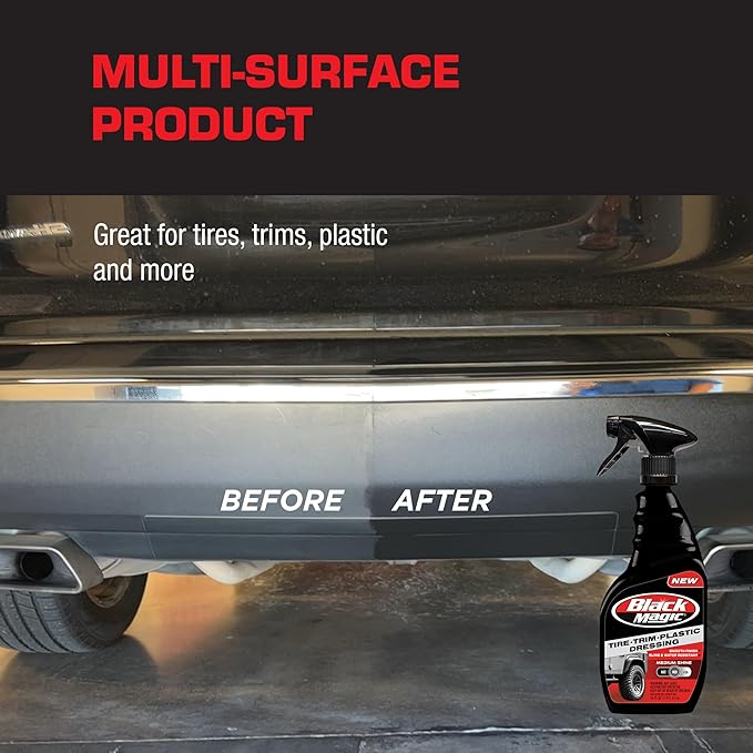 Black Magic 120230 Tire Trim Plastic Dressing, Medium Shine, Streak-Free, Water Resistant & Non-Greasy Formula for Tires, Trim & Plastic, Lasts Up to 2 Weeks - 16 Fl Oz