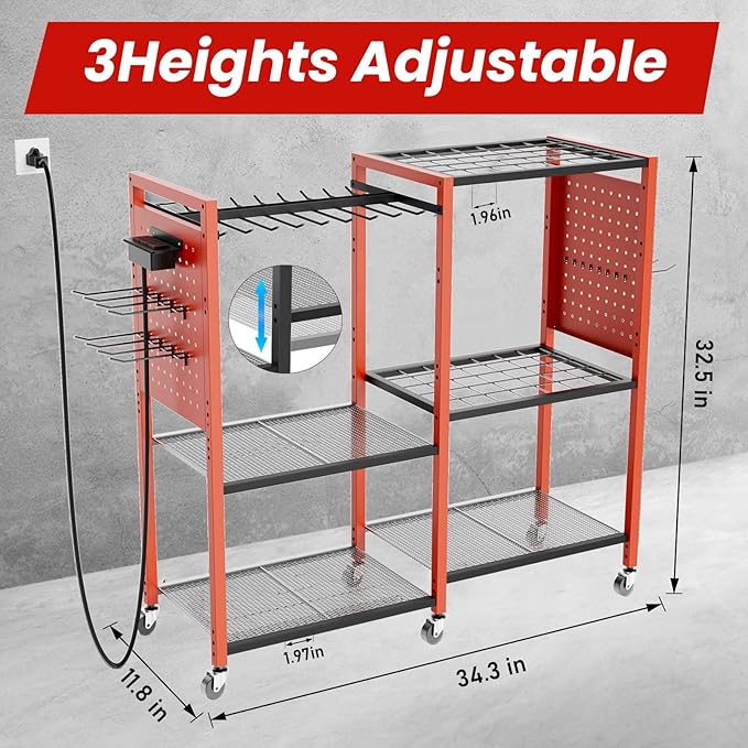 Heavy-Duty Power Tools Organizer Cart with Charging Power Strip, 6-Tier Rolling Utility Cart with 8 Hooks and 6 Load-Bearing Wheels, Garage Tool Storage Rack for Workshop for Men