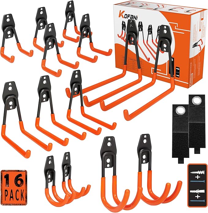 KOFANI Heavy Duty Steel Hooks, 16 Pack with Anti-Slip Coating - Utility Wall Mount Garage Storage for Hanging Bike, Ladder and Garden Tools