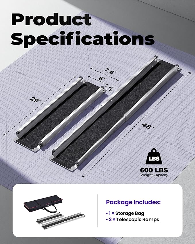 Adjustable Wheelchair Ramp 4FT Telescoping Portable Wheelchair Ramps for Steps Ramps for Wheelchair for Home with Storage Bag Aluminum Non-Skid Ramps