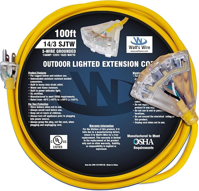 100 ft Outdoor Extension Cord Waterproof - 14 Gauge Heavy Duty Extension Cord 100 ft - Lighted Outdoor Extension Cords with Multiple Outlets - Watts Wire - 100' Grounded - extensiones electricas