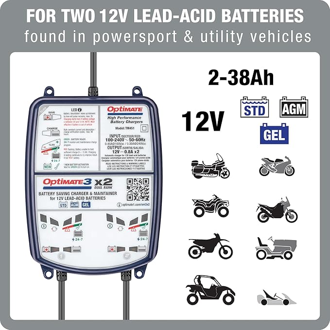 Optimate 3 Dual Bank, TM-451, 7-Step 2x12V 0.8A Sealed Battery Saving Charger & maintainer