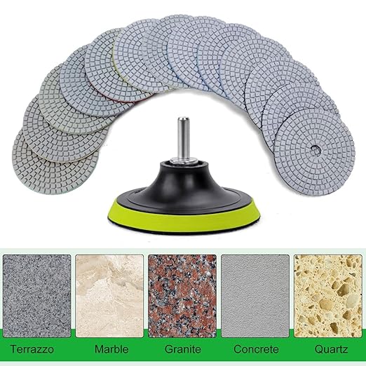16PCS Wet Dry Diamond Polishing Pad Kit, 4 Inch Diamond Sanding Pad 30-6000 Grit with 5/8''-11 Thread Backer Plate for Concrete Marble Quartz Granite Countertop Stone & Tile Polishing