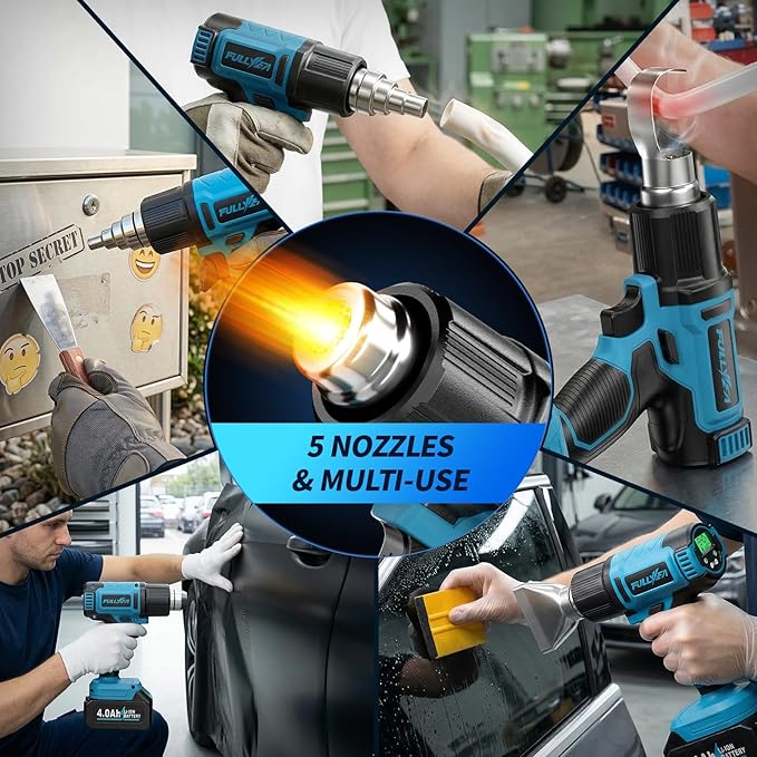 FULLYEA Cordless Heat Gun, 140℉-1004℉ Fast Heating, Hot Air Gun with Digital LCD Display, Portable Heat Guns with 2 * 4.0Ah Batteries & Charger, Handheld Heating Gun Kit for Shrink Tubing, Crafting