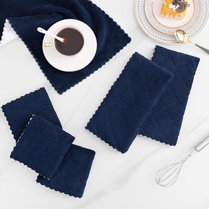 Mordimy 24 Pack Kitchen Cloths Dish Towels (10" x 10", Navy Blue & White), Super Soft and Absorbent Dish Cloths, Coral Velvet Microfiber Cleaning Cloth, Nonstick Oil Fast Dry Dishcloths