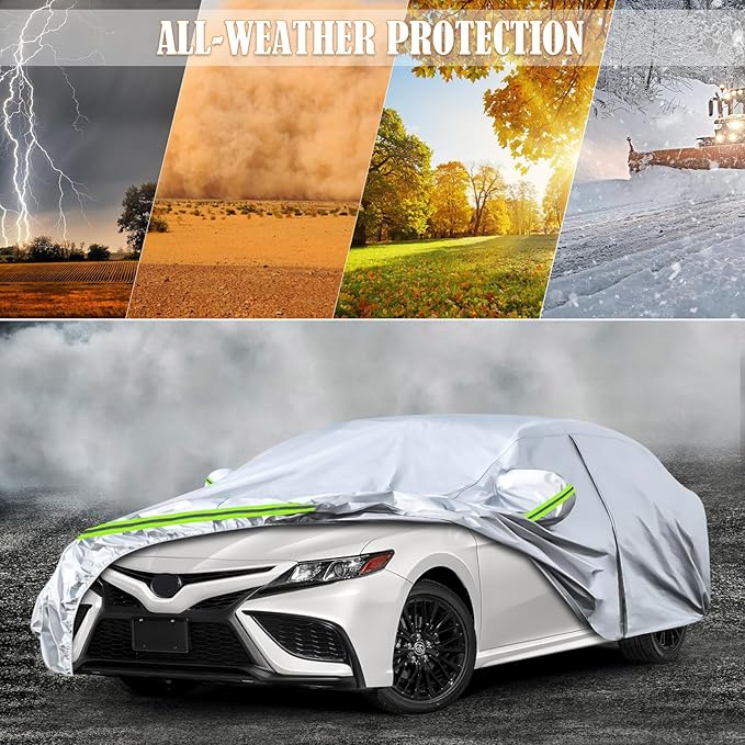 Waterproof Car Covers Replace for 2007-2025 Toyota Camry, 6 Layers Silver All Weather Custom-fit Car Cover with Zipper Door & Windproof Bands for Snow Rain Dust Hail Protection